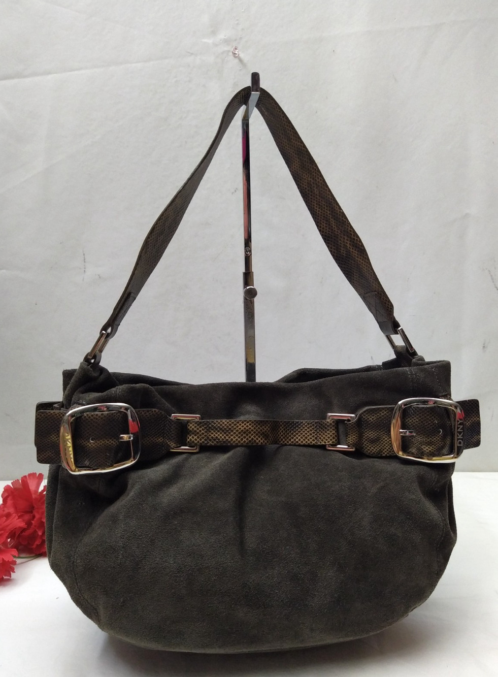 DKNY Dark Gray Suede Leather Buckles Hobo Shoulder Bag